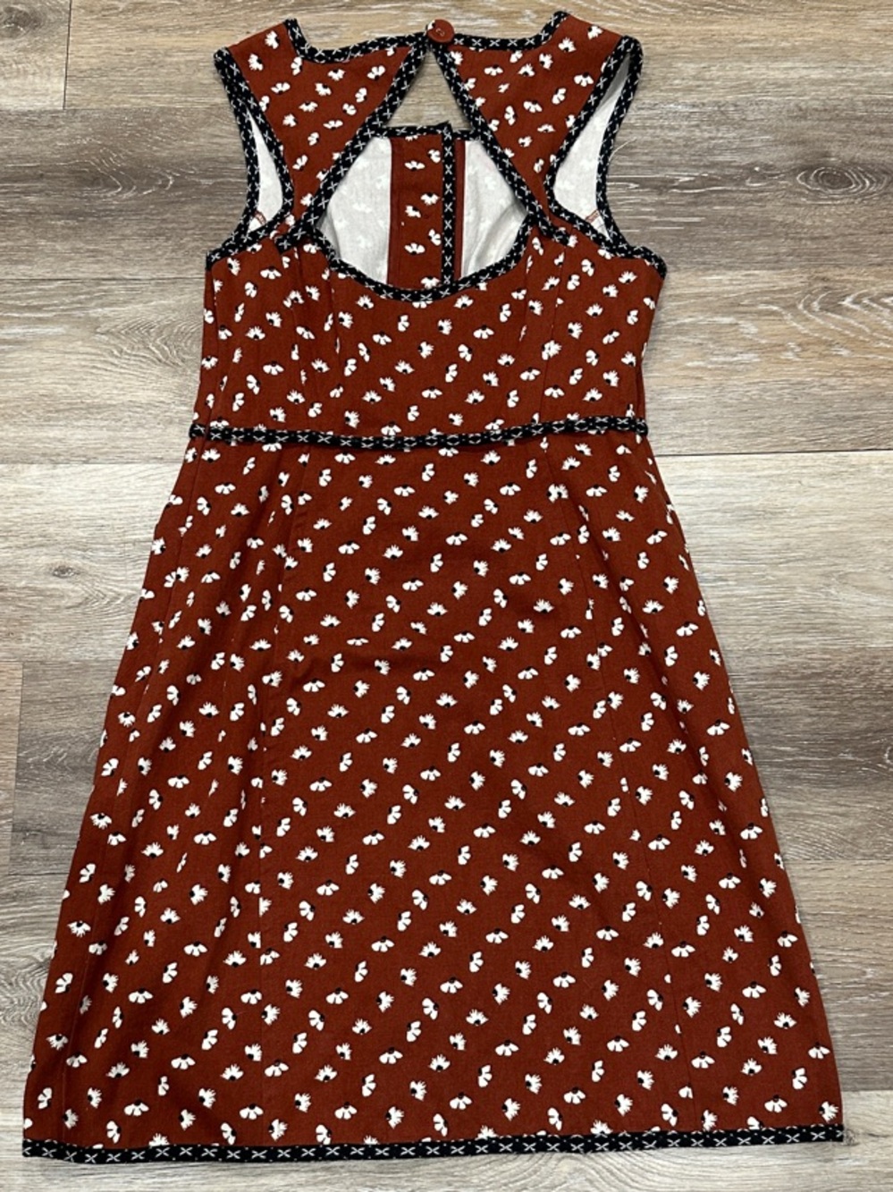 Anthropologie Rust Midi Dress with White Floral Print and Black Trim - Picture 10 of 16